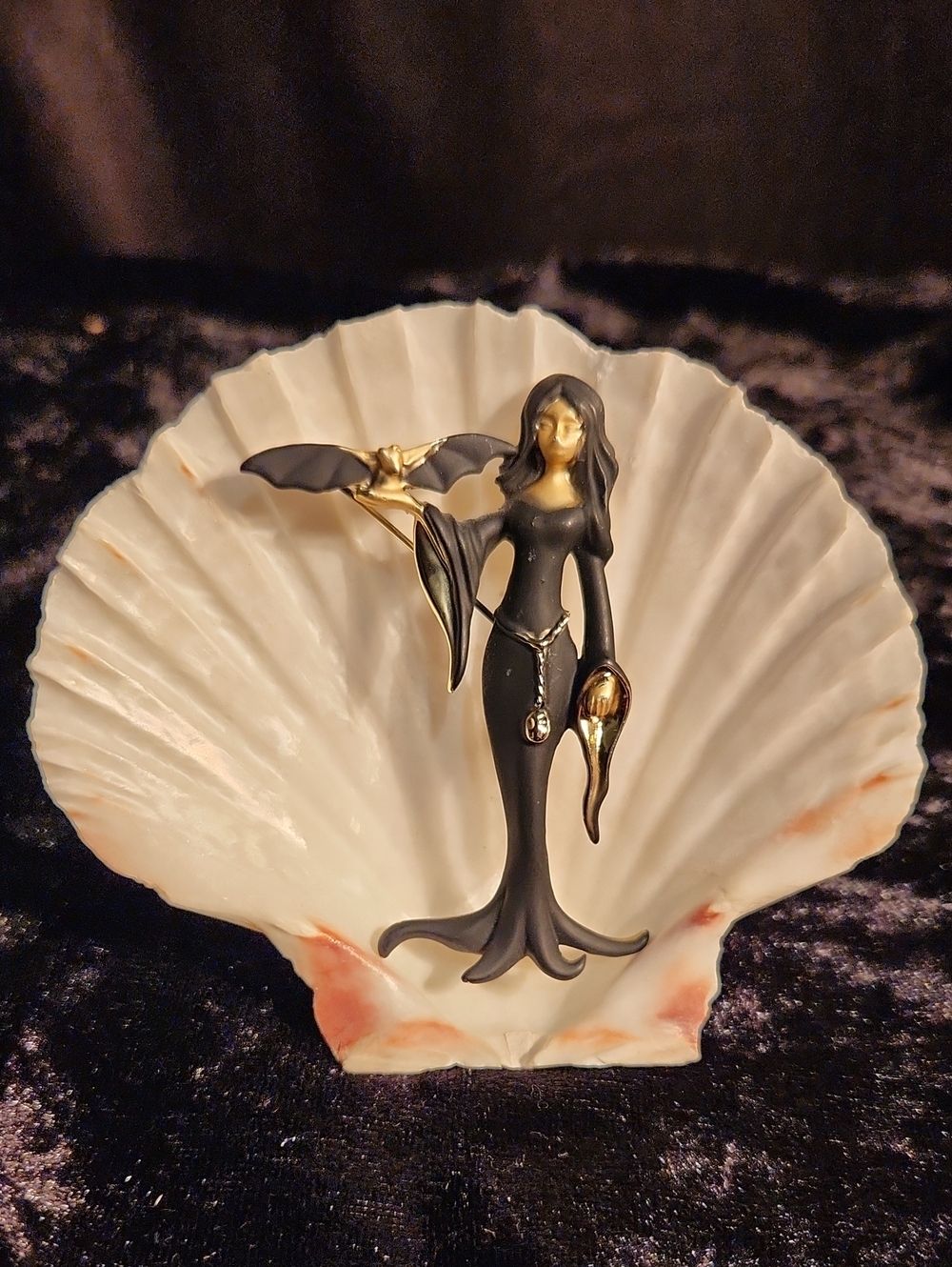 Vintage Extremely Rare AJC Signed Elvira Brooch With Bat Gold Plate Black Matte